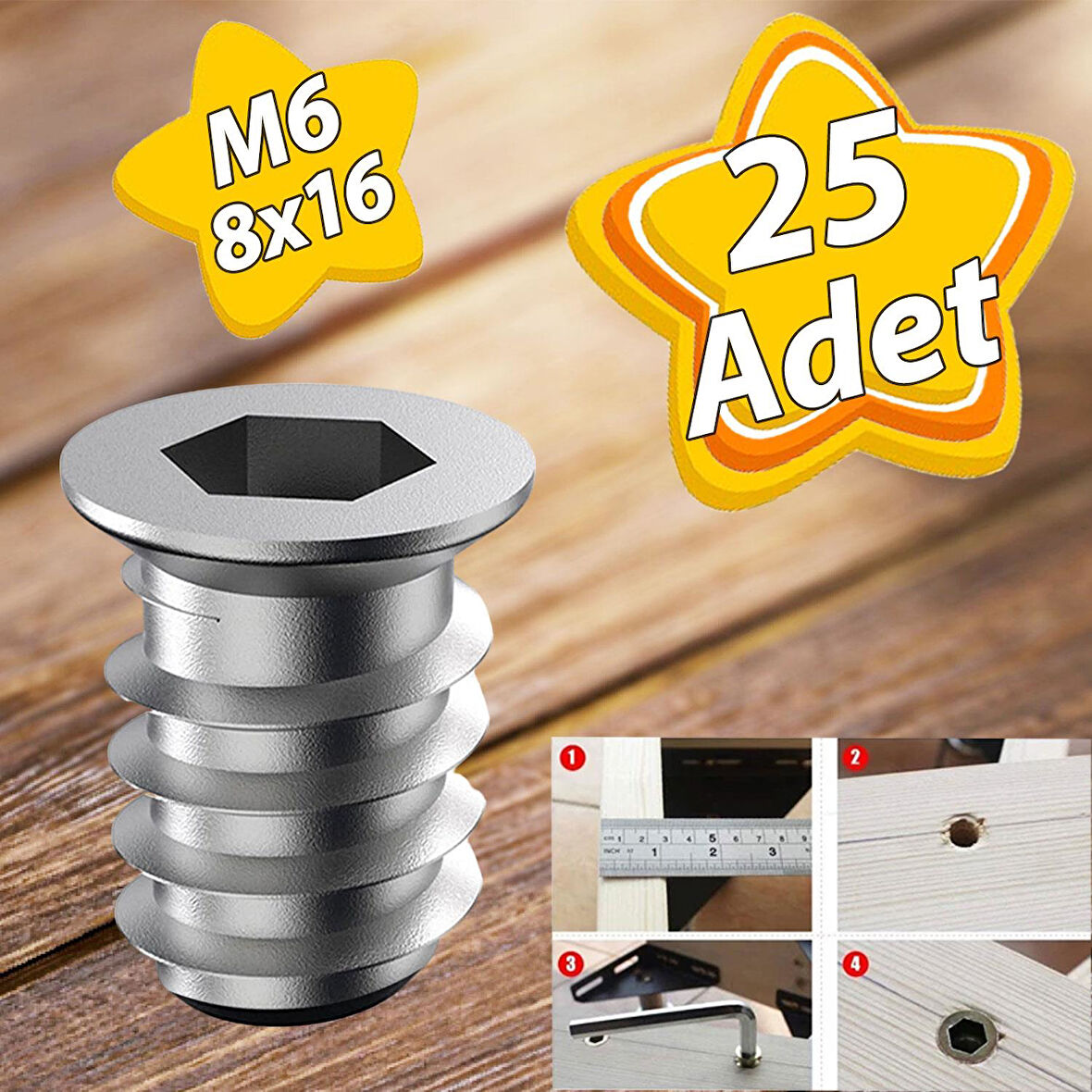 Metal Düz Dişli Dübel Ahşap Dübeli M6 8x16 Diş Çinko Mobilya Bağlantı Ünite Birleştirme (25 ADET)