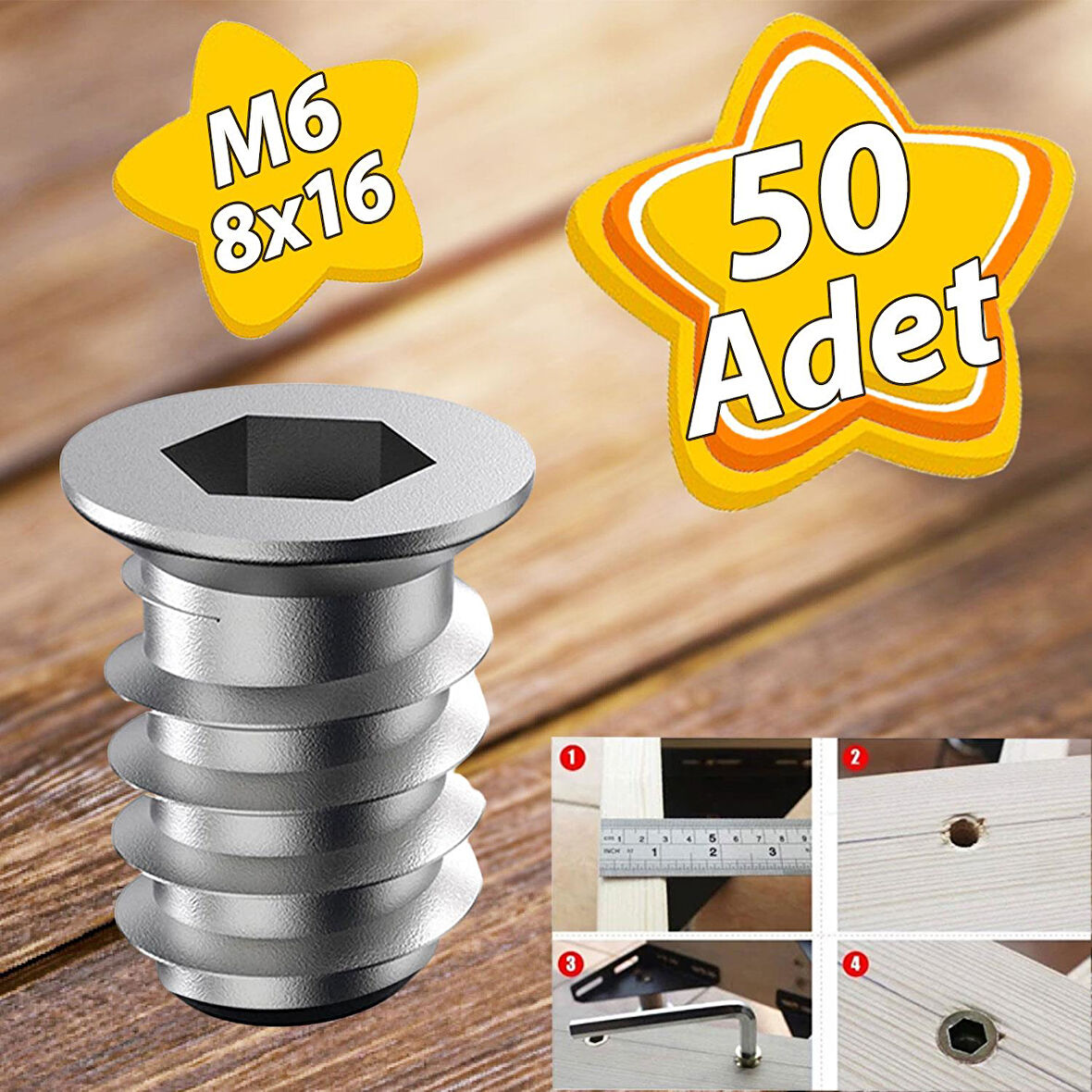 Metal Düz Dişli Dübel Ahşap Dübeli M6 8x16 Diş Çinko Mobilya Bağlantı Ünite Birleştirme (50 ADET)