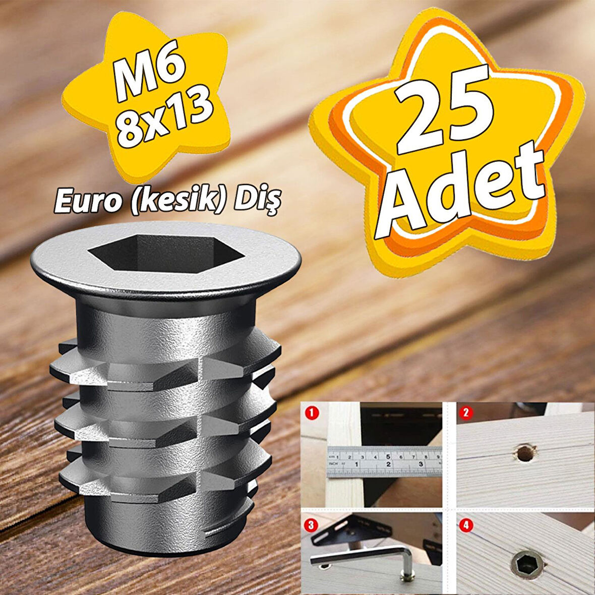 Metal Euro Dişli Dübel Ahşap Dübeli M6 8x13 Diş Çinko Mobilya Bağlantı Ünite Birleştirme (25 ADET)