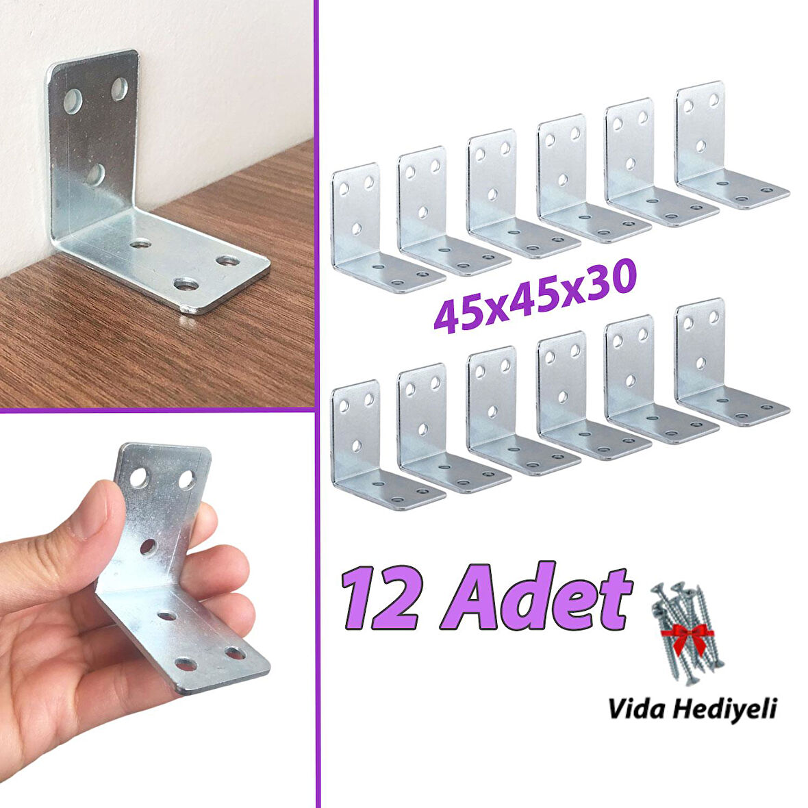 12 Adet Mobilya Eşya Dolap Duvar Sabitleyici Köşe Bağlantı L Demir Gönye Deprem Güvenliği 45x45x30mm 
