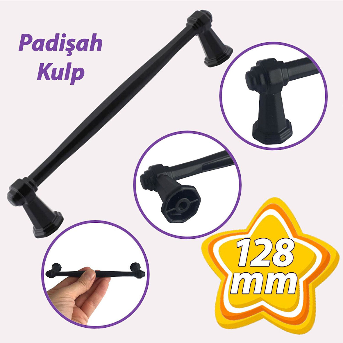 Padişah Kulp 128 mm Siyah Mutfak Kulpu Çekmece Dolap Kapak Kulbu Metal Mobilya Dolabı Kulpları