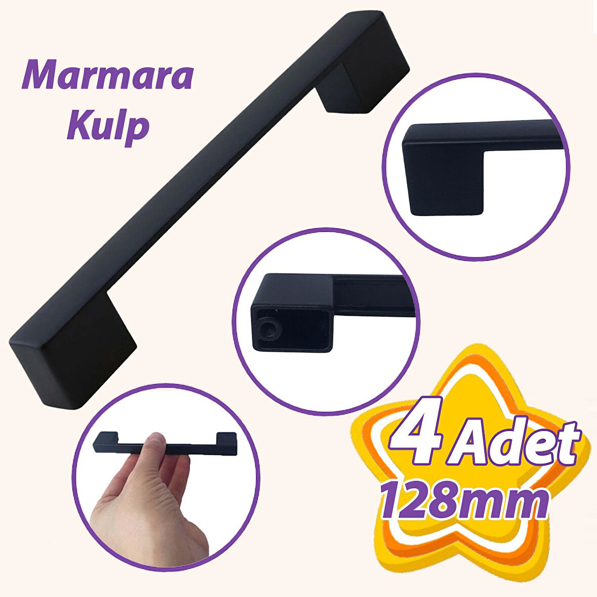 4 Adet Marmara Kulp 128 mm Siyah Mutfak Kulpu Çekmece Dolap Kapak Kulbu Metal  Mobilya Dolabı Kulpları 