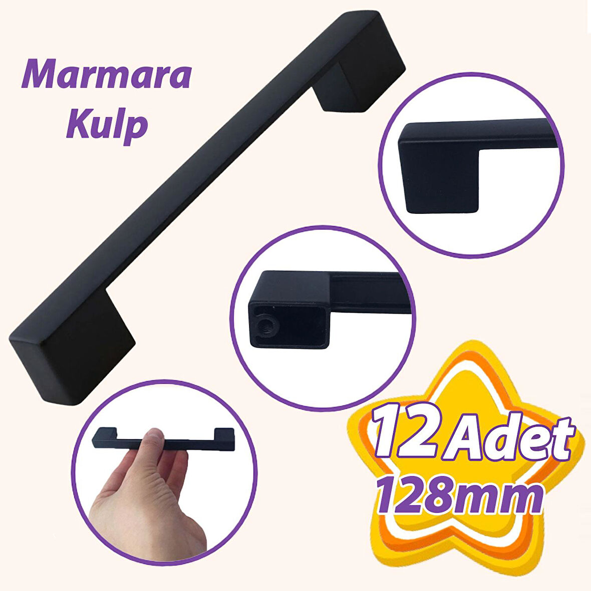 12 Adet Marmara Kulp 128 mm Siyah Mutfak Kulpu Çekmece Dolap Kapak Kulbu Metal  Mobilya Dolabı Kulpları 