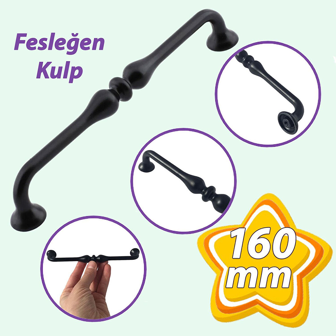 Fesleğen Kulp 160 mm Siyah Mutfak Kulpu Çekmece Dolap Kapak Kulbu Metal  Mobilya Dolabı Kulpları 