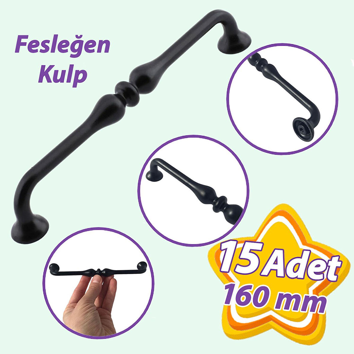 15 Adet Fesleğen Kulp 160 mm Siyah Mutfak Kulpu Çekmece Dolap Kapak Kulbu Metal  Mobilya Dolabı Kulpları 