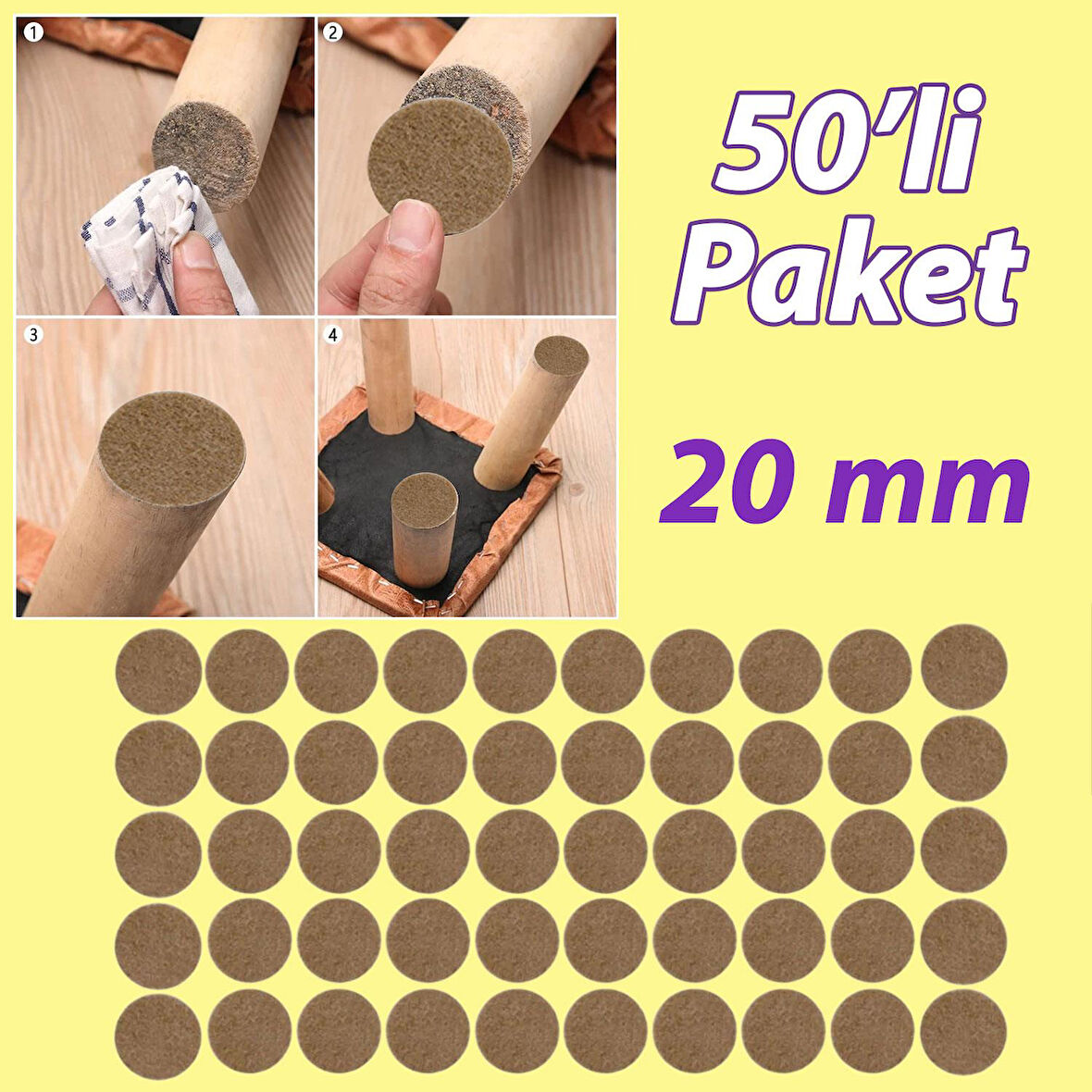 Yapışkanlı Yuvarlak Keçe Masa Sandalye Parke Zemin Ayak Koruyucu Kaydırmaz 20 mm Keçesi (50'Lİ PAKET)