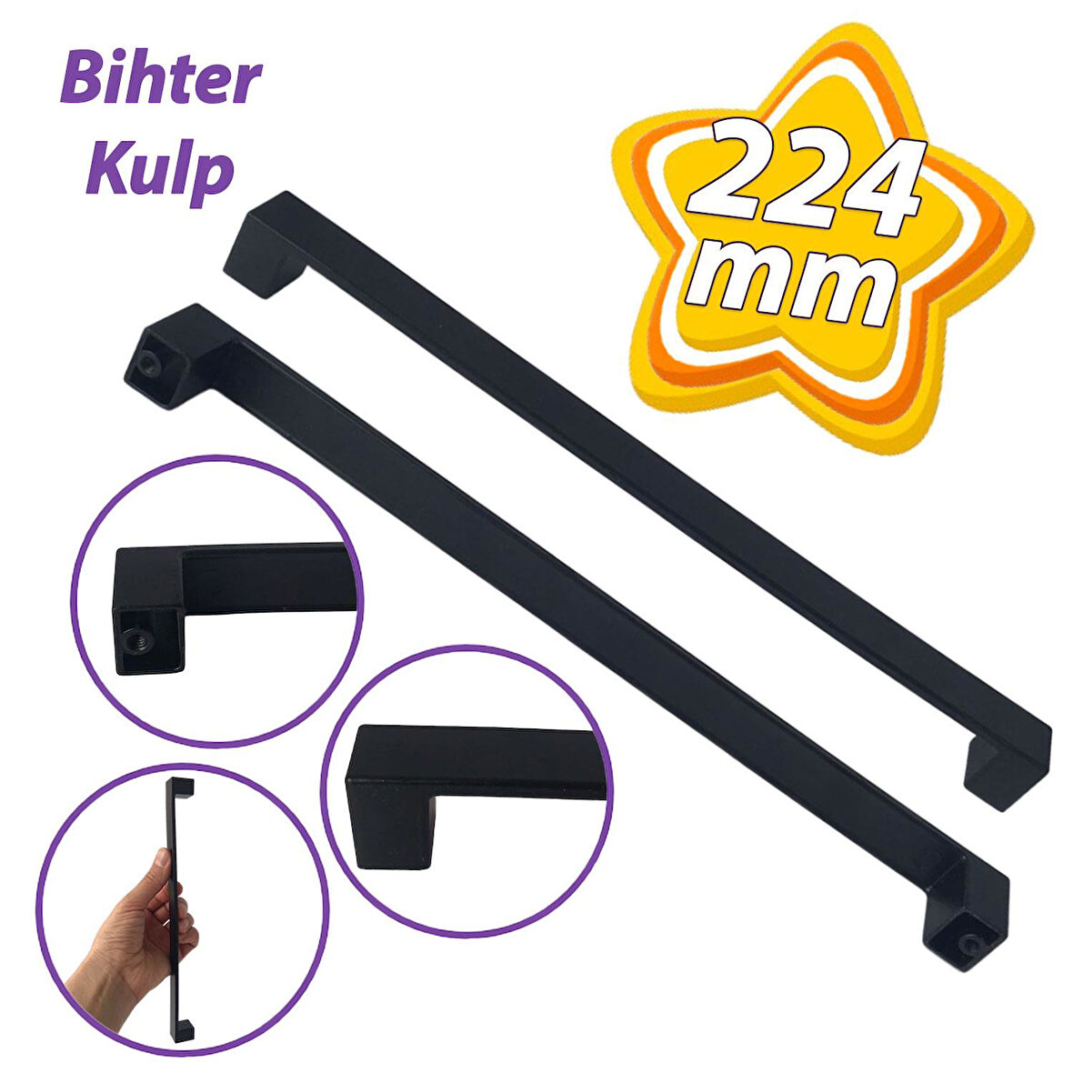 Bihter Düz Kulp 224 mm Siyah Mutfak Kulpu Çekmece Dolap Kapak Kulbu Metal Mobilya Dolabı Kulpları 