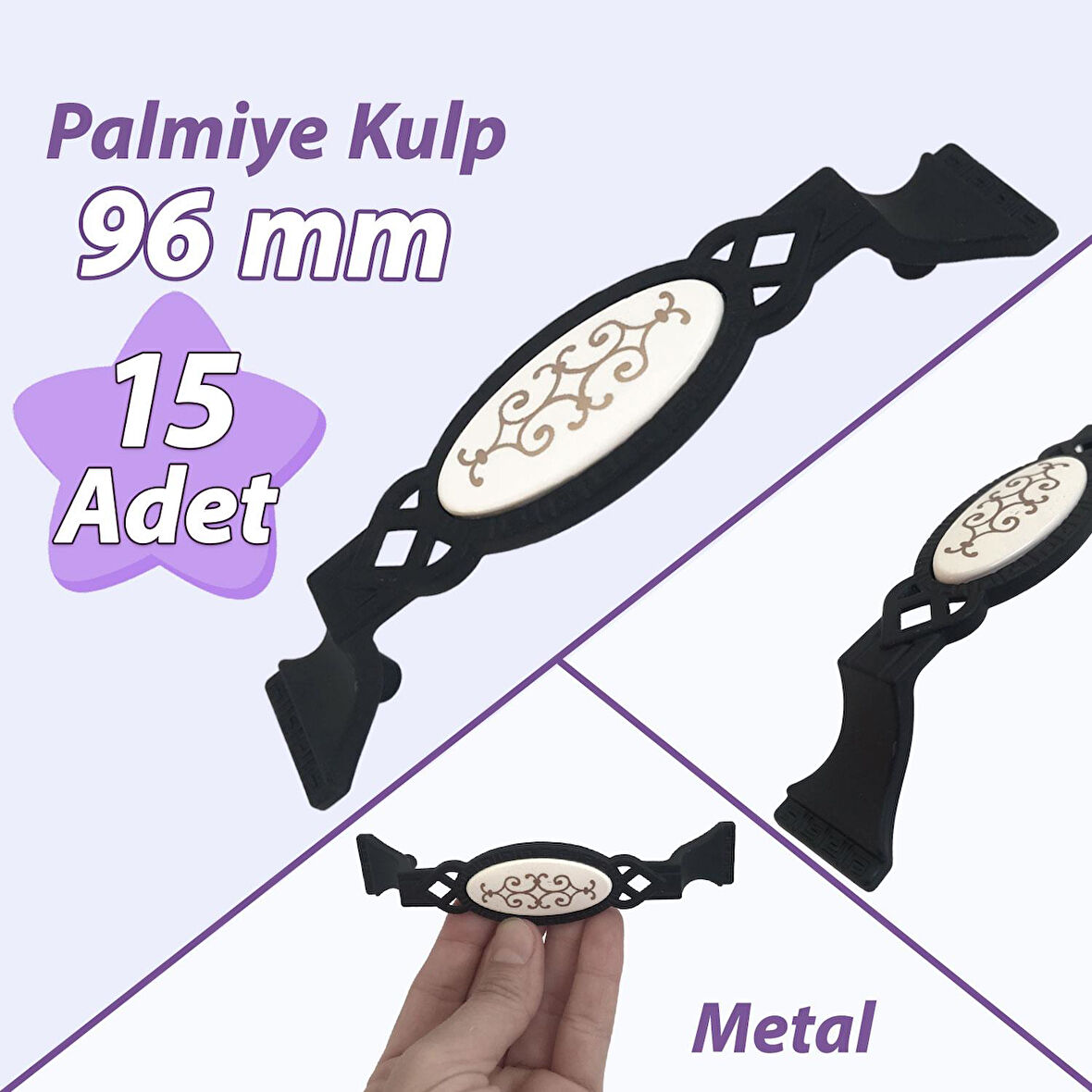 15 Adet Palmiye Kulp Siyah 96 mm Kulp Mobilya Mutfak Dolabı Çekmece Dolap Kapak Kulpu Kulbu Metal Kulpları
