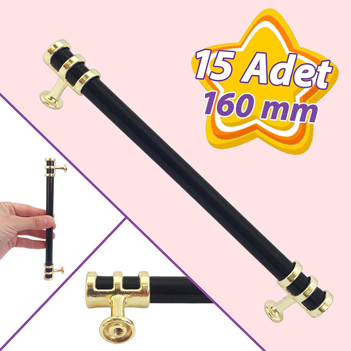 15 Adet Sarmaşık Kulp Siyah Altın Gold 160 mm Kulp Mobilya Mutfak Dolabı Çekmece Dolap Kapak Kulpu Kulbu Metal Kulpları