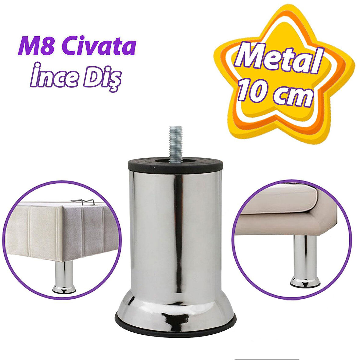 Metal Destek Ayağı 10 Cm Krom Mobilya Kanepe Baza Koltuk Ünite Ayakları Metrik 8 Civatalı İnce Diş