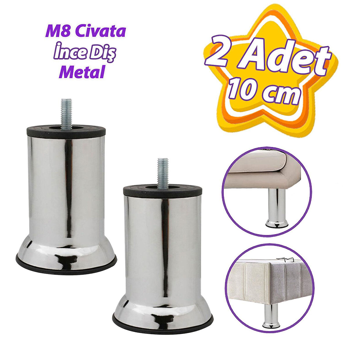 2 Adet Metal Destek Ayağı 10 Cm Krom Mobilya Kanepe Baza Koltuk Ünite Ayakları Metrik 8 Civatalı İnce Diş