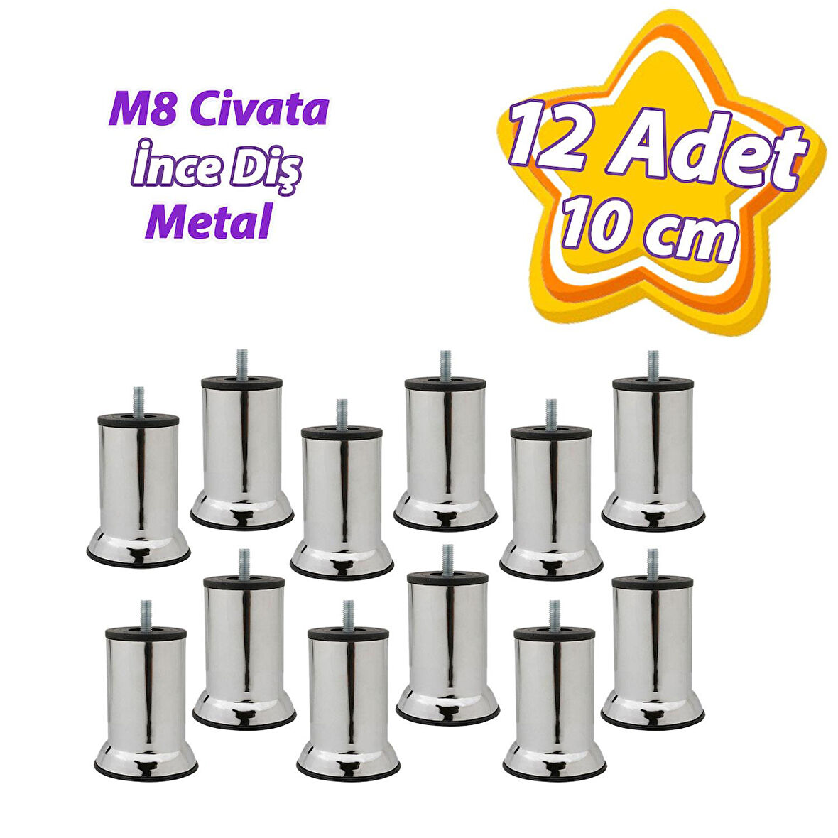 12 Adet Metal Destek Ayağı 10 Cm Krom Mobilya Kanepe Baza Koltuk Ünite Ayakları Metrik 8 Civatalı İnce Diş
