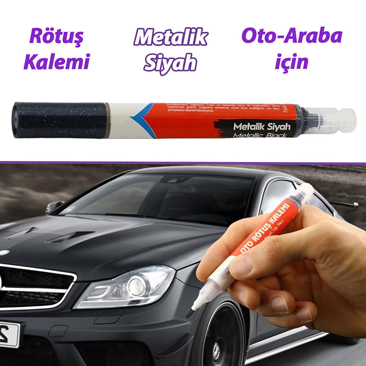 Araç Oto Rötuş Kalemi 5 ml Kaporta Tampon Çizik Giderici Fırça Metalik Siyah Renk Boya Kalemi