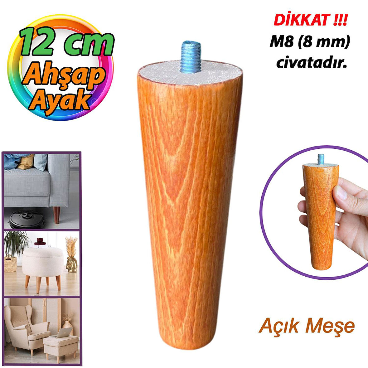 Ahşap Ayak Açık Meşe 12 Cm Dolap Mobilya Koltuk Kanepe Destek Ayağı Ayakları Konik M8 Civatalı 