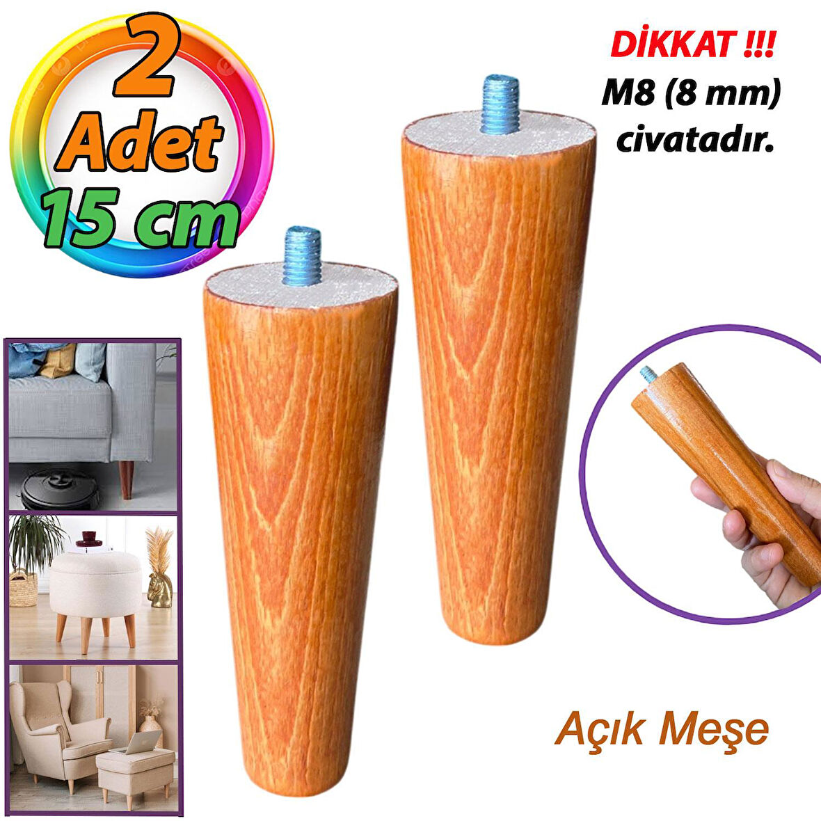 2 Adet Ahşap Ayak Açık Meşe 15 Cm Dolap Mobilya Koltuk Kanepe Destek Ayağı Ayakları Konik M8 Civatalı 