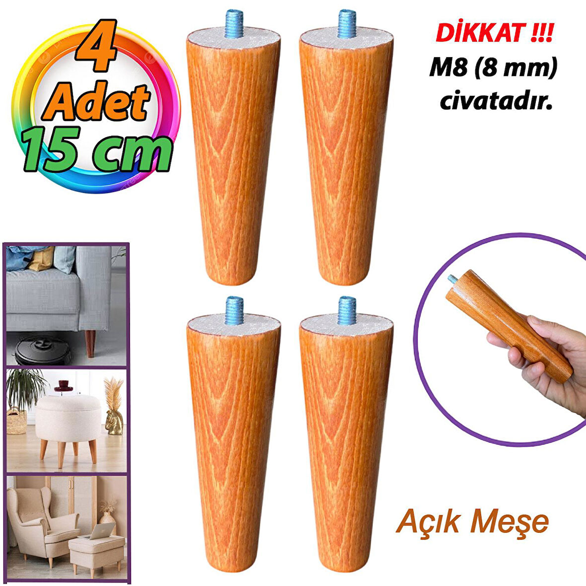 4 Adet Ahşap Ayak Açık Meşe 15 Cm Dolap Mobilya Koltuk Kanepe Destek Ayağı Ayakları Konik M8 Civatalı 