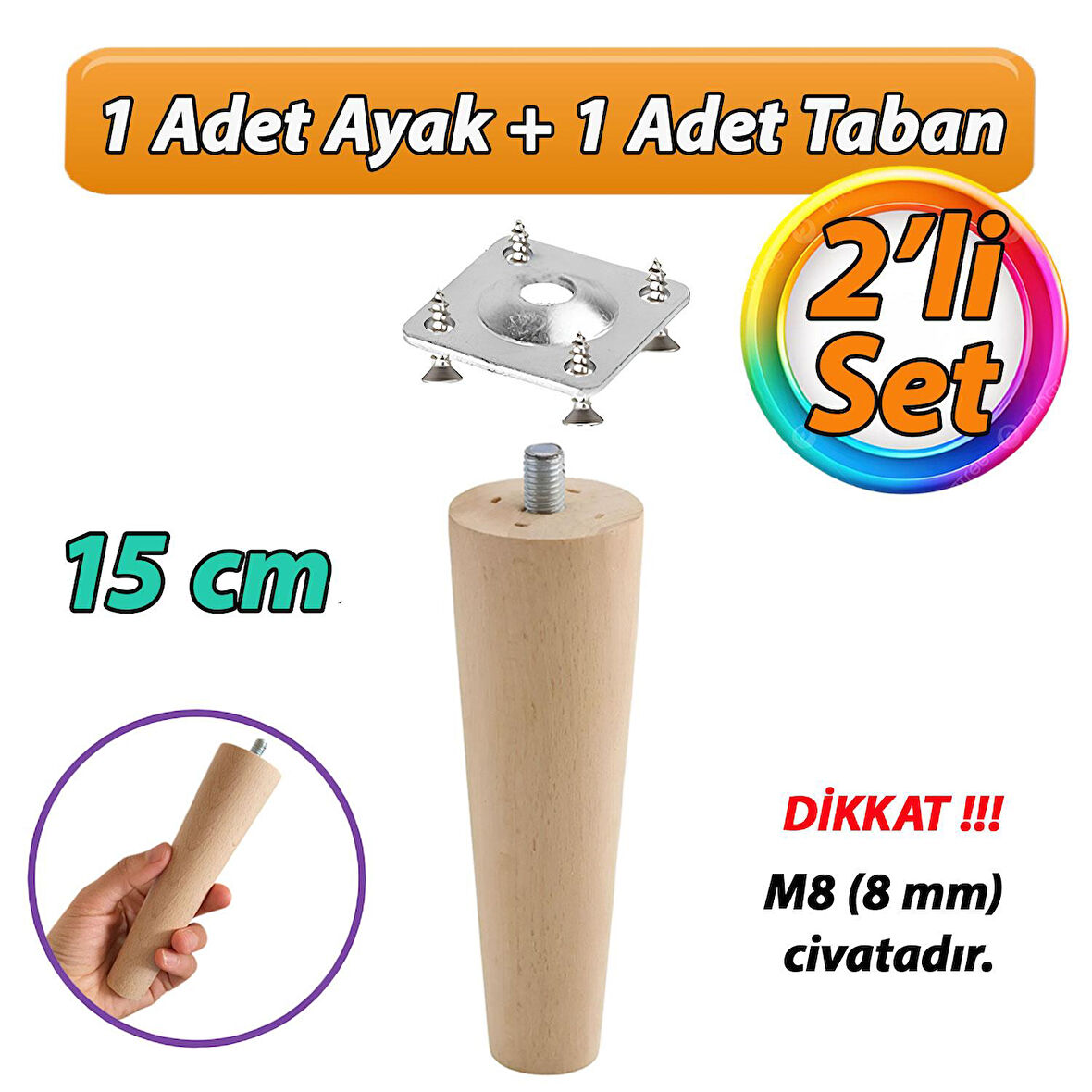 Ahşap Ayak 15 Cm 2'li Set M8 Civatalı Bağlantı Aparatlı Dolap Mobilya Koltuk Kanepe Destek Ayağı Ayakları