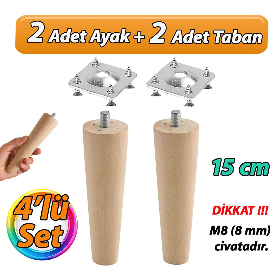 Ahşap Ayak 15 Cm 4'lü Set M8 Civatalı Bağlantı Aparatlı Dolap Mobilya Koltuk Kanepe Destek Ayağı Ayakları