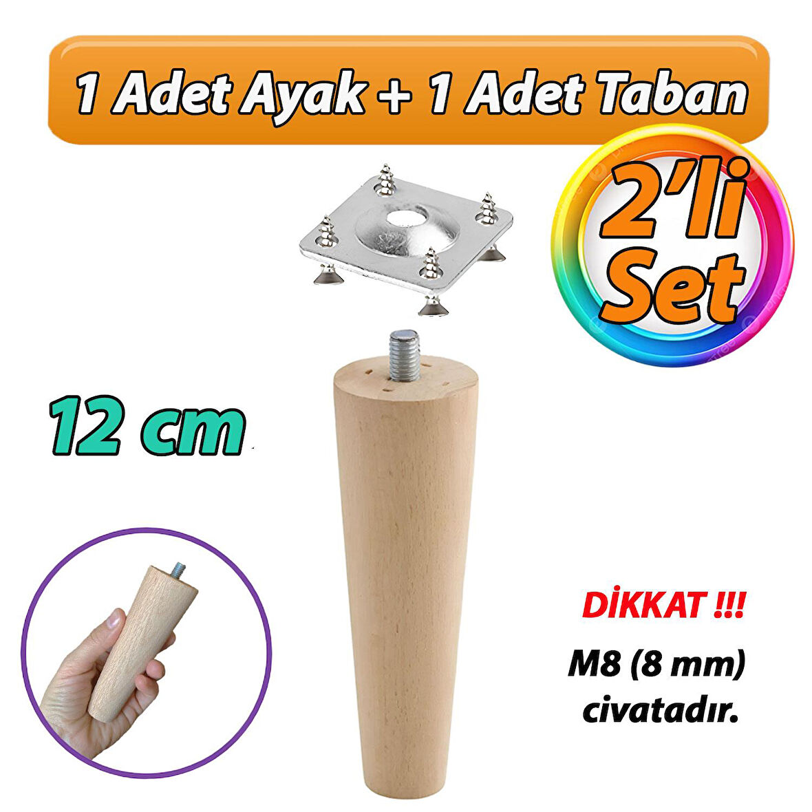 Ahşap Ayak 12 Cm 2'li Set M8 Civatalı Bağlantı Aparatlı Dolap Mobilya Koltuk Kanepe Destek Ayağı Ayakları