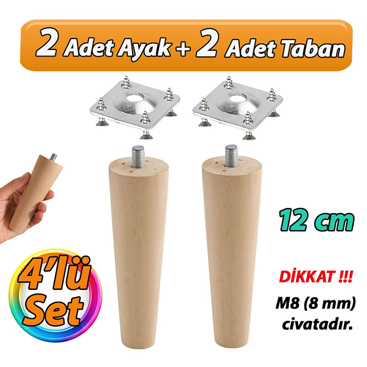 Ahşap Ayak 12 Cm 4'lü Set M8 Civatalı Bağlantı Aparatlı Dolap Mobilya Koltuk Kanepe Destek Ayağı Ayakları