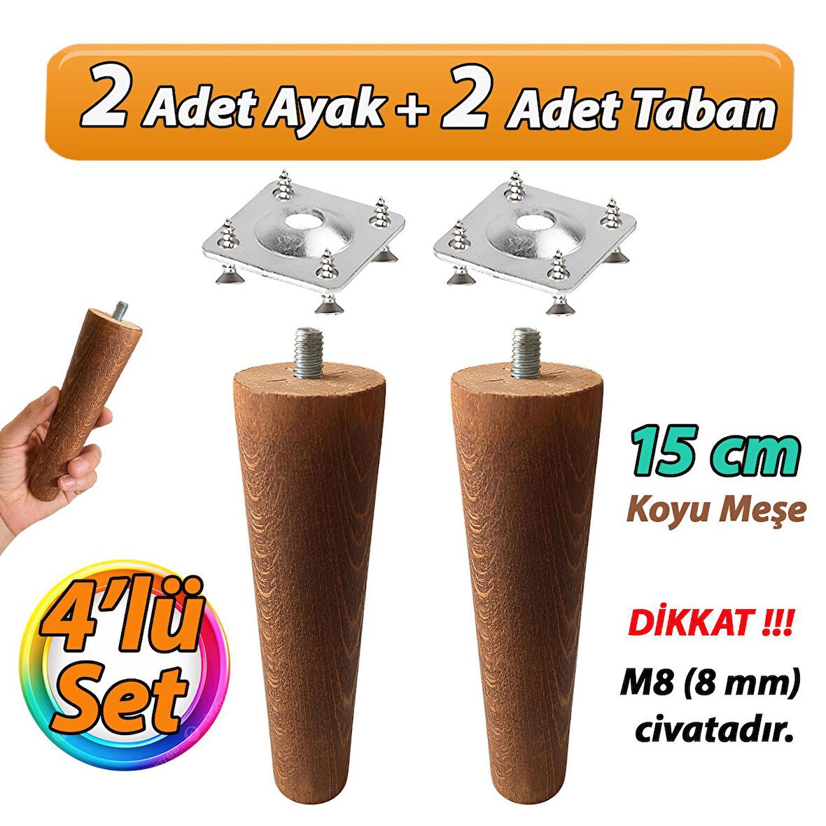 Ahşap Ayak 15 Cm 4'lü Set Koyu Meşe M8 Civatalı Bağlantı Aparatlı Dolap Mobilya Koltuk Kanepe Destek Ayağı Ayakları