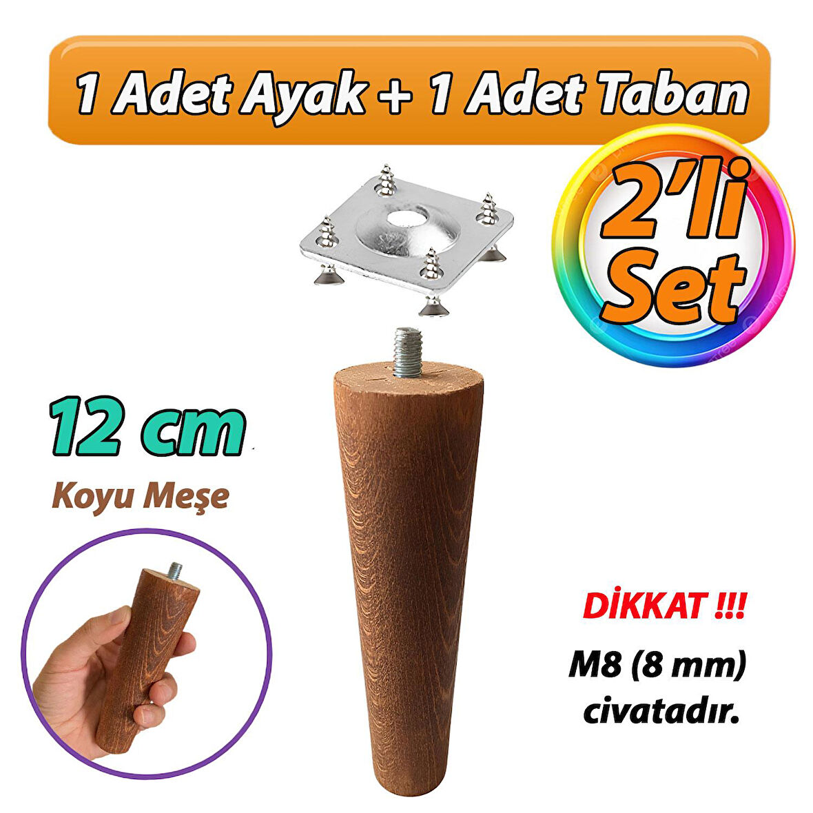 Ahşap Ayak 12 Cm 2'li Set Koyu Meşe M8 Civatalı Bağlantı Aparatlı Dolap Mobilya Koltuk Kanepe Destek Ayağı Ayakları