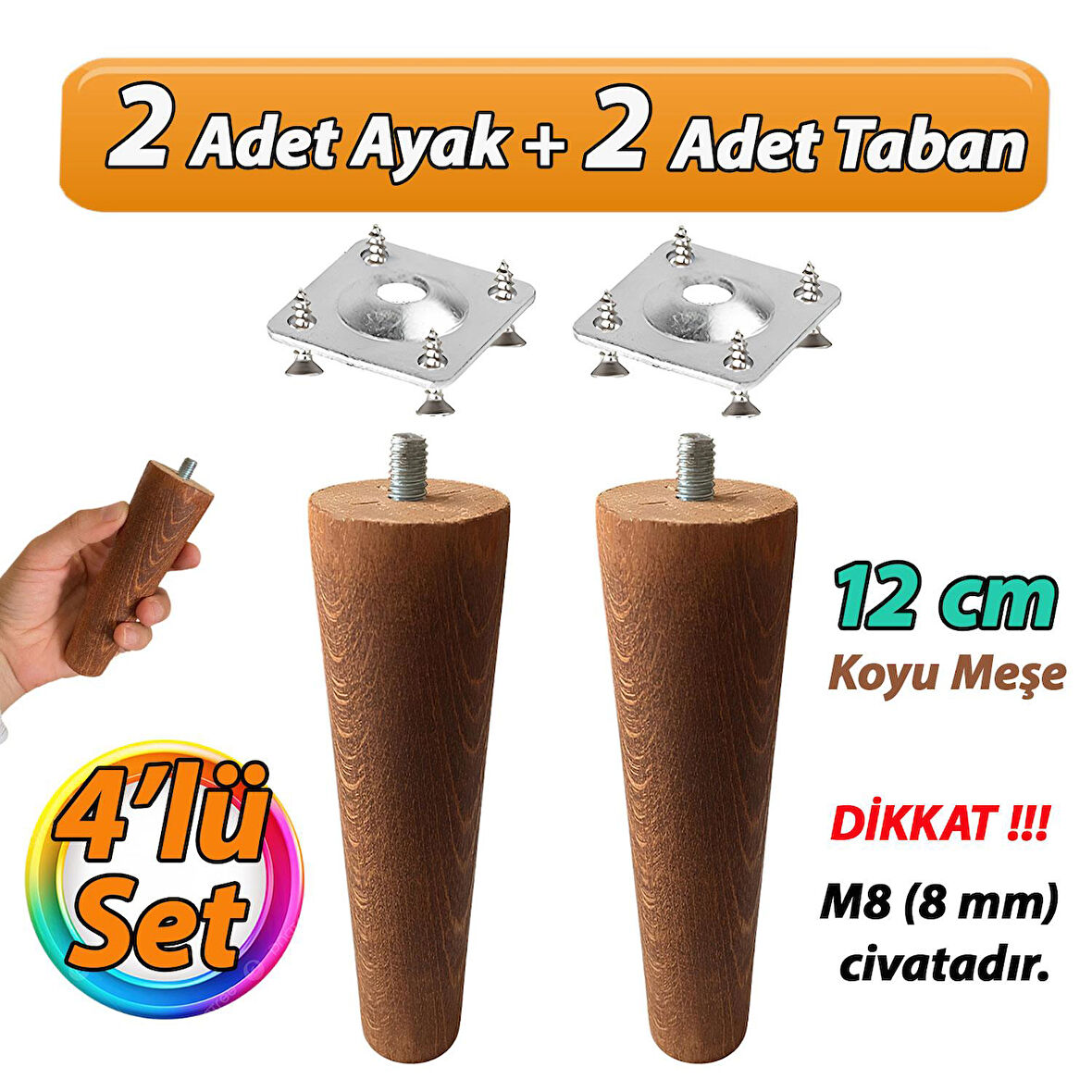 Ahşap Ayak 12 Cm 4'lü Set Koyu Meşe M8 Civatalı Bağlantı Aparatlı Dolap Mobilya Koltuk Kanepe Destek Ayağı Ayakları