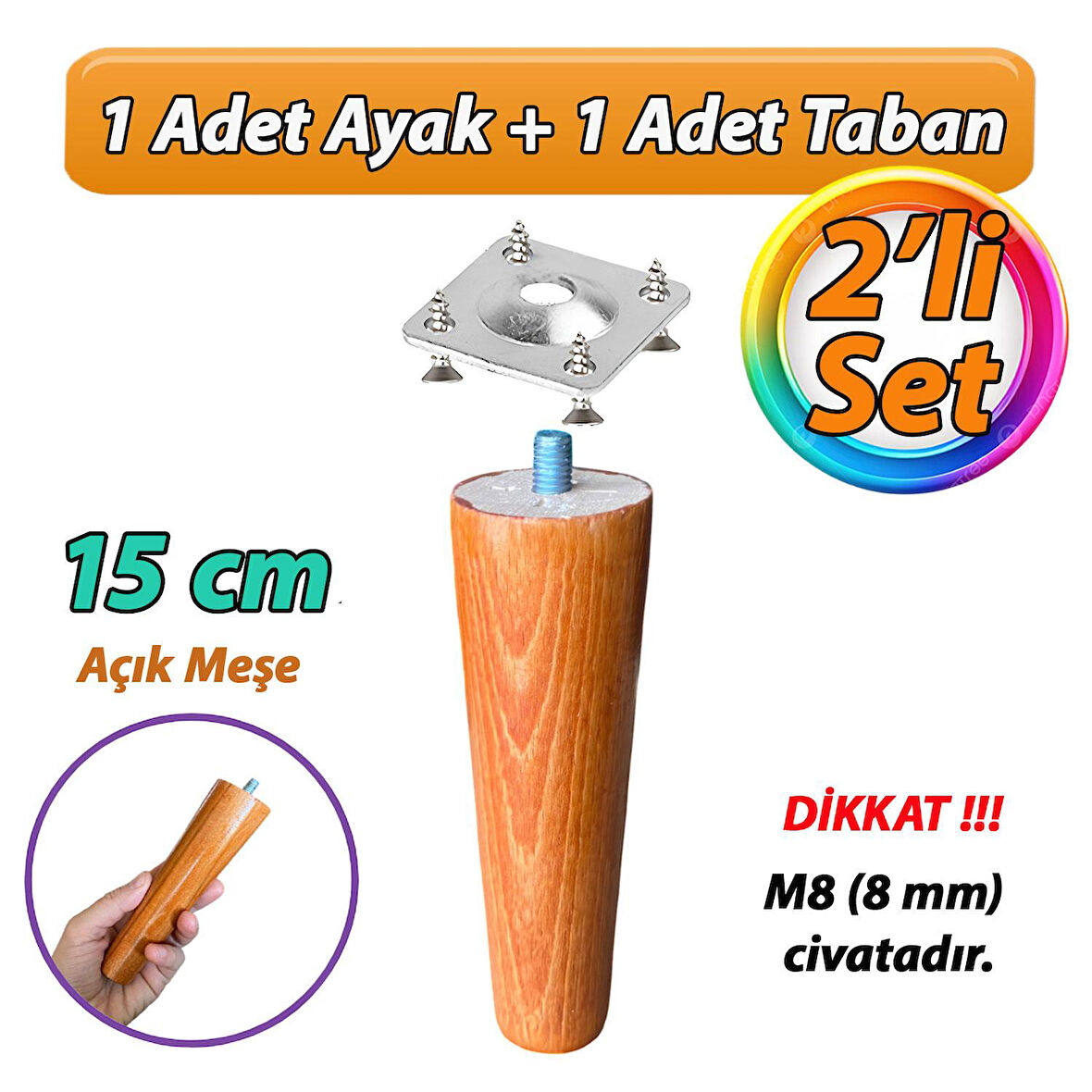 Ahşap Ayak 15 Cm 2'li Set Açık Meşe M8 Civatalı Bağlantı Aparatlı Dolap Mobilya Koltuk Kanepe Destek Ayağı Ayakları