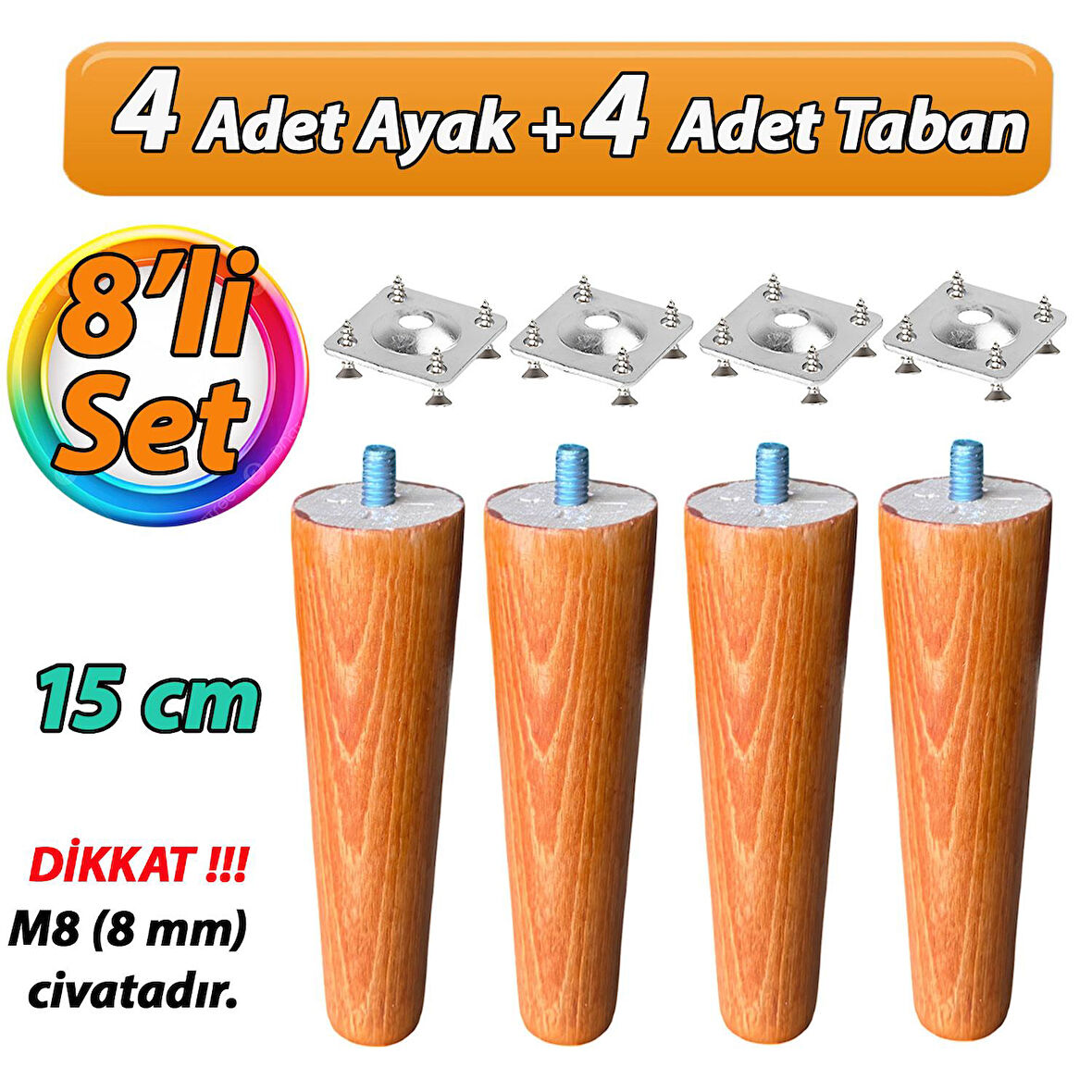 Ahşap Ayak 15 Cm 8'li Set Açık Meşe M8 Civatalı Bağlantı Aparatlı Dolap Mobilya Koltuk Kanepe Destek Ayağı Ayakları