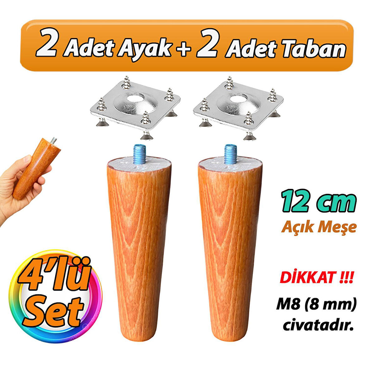 Ahşap Ayak 12 Cm 4'lü Set Açık Meşe M8 Civatalı Bağlantı Aparatlı Dolap Mobilya Koltuk Kanepe Destek Ayağı Ayakları