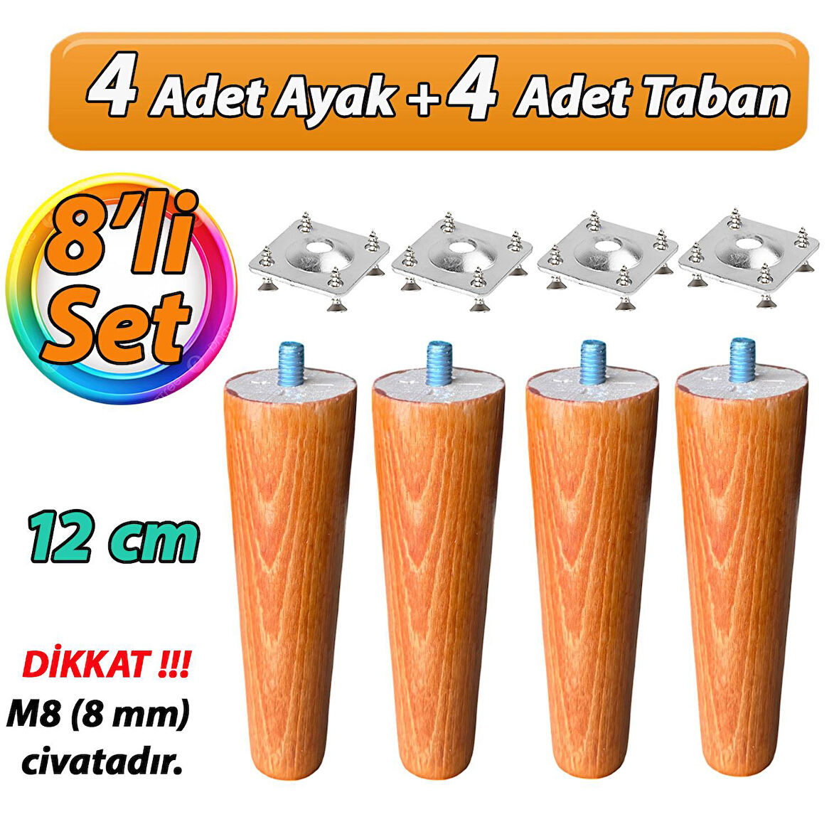 Ahşap Ayak 12 Cm 8'li Set Açık Meşe M8 Civatalı Bağlantı Aparatlı Dolap Mobilya Koltuk Kanepe Destek Ayağı Ayakları