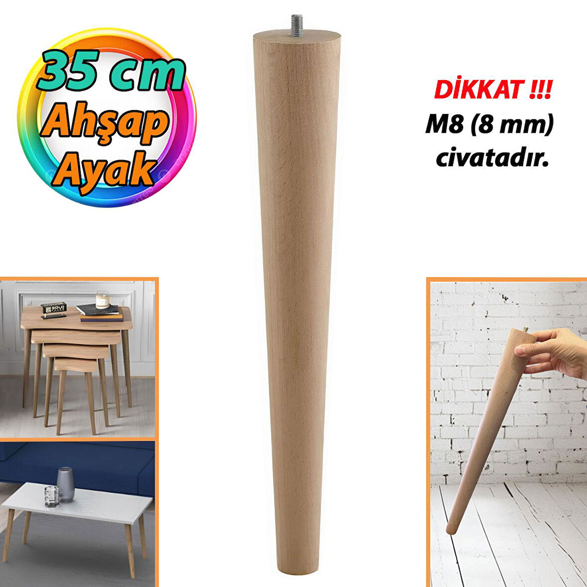 Ahşap Ayak 35 Cm Masa Zigon Sehpa TV Ünitesi Puf Tabure Ayağı Ayakları Konik M8 Civatalı