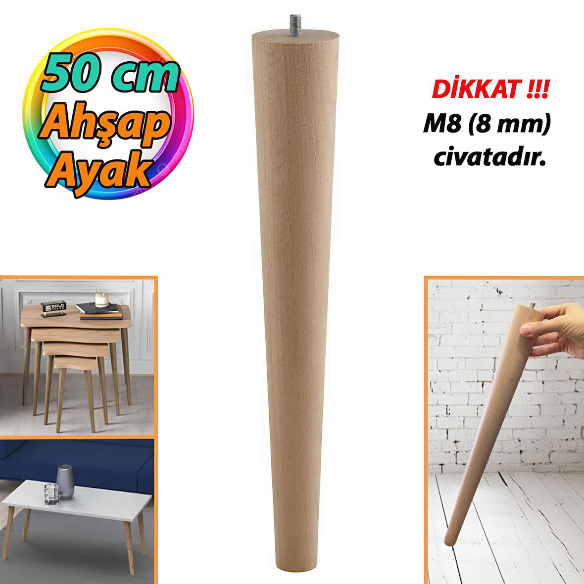 Ahşap Ayak 50 Cm Masa Zigon Sehpa TV Ünitesi Puf Tabure Ayağı Ayakları Konik M8 Civatalı