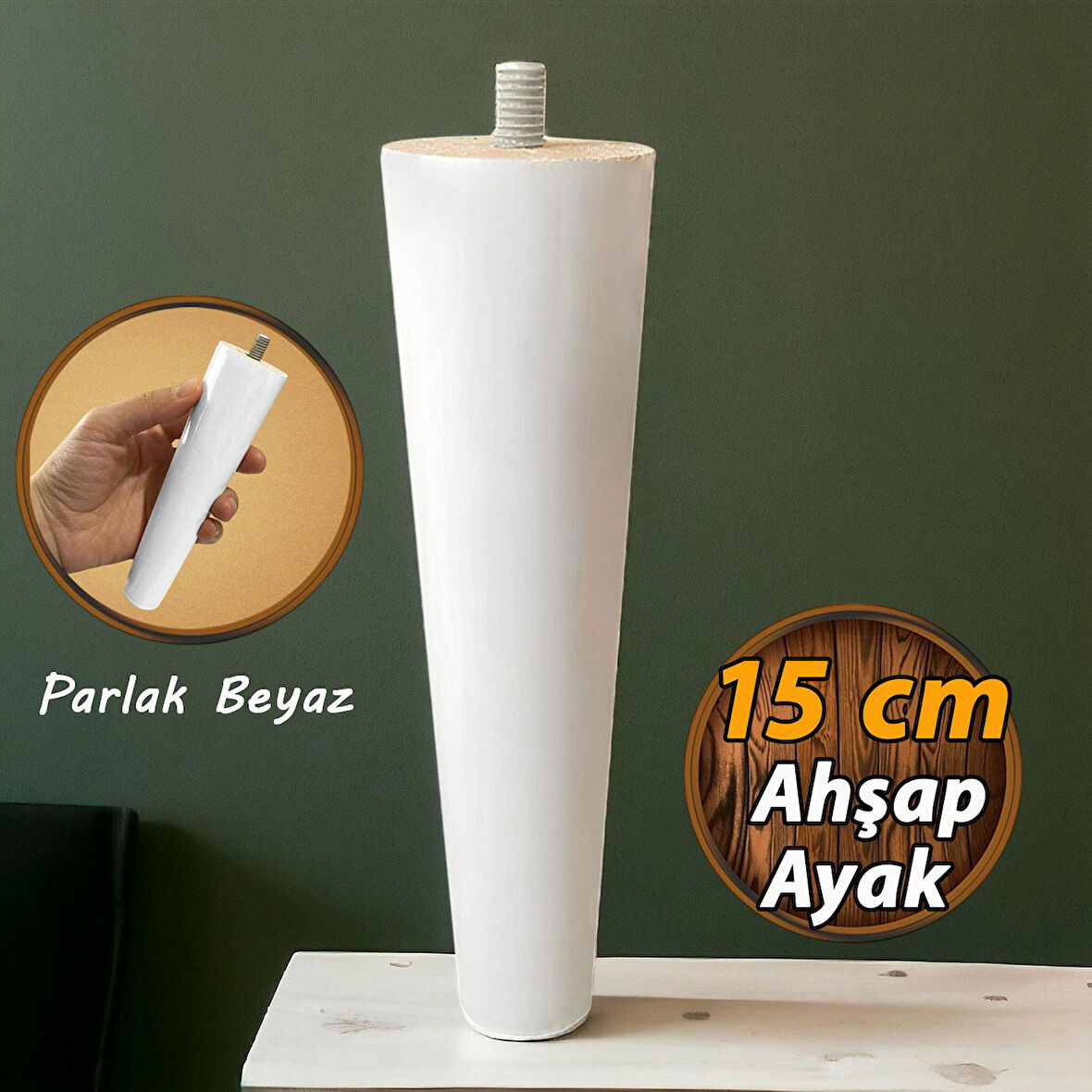 Ahşap Ayak Beyaz 15 Cm Dolap Mobilya Koltuk Kanepe Destek Ayağı Ayakları Konik M8 Civatalı 