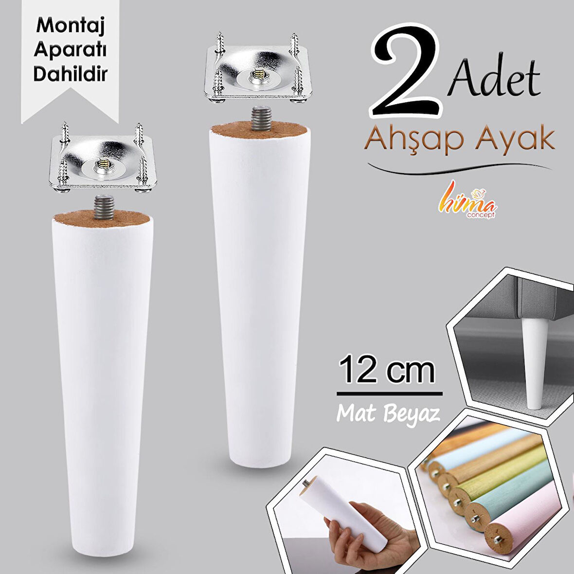 2 Adet Ahşap Ayak 12 Cm Beyaz M8 Civatalı Bağlantı Aparatlı Dolap Mobilya Koltuk Kanepe Destek Ayağı Ayakları