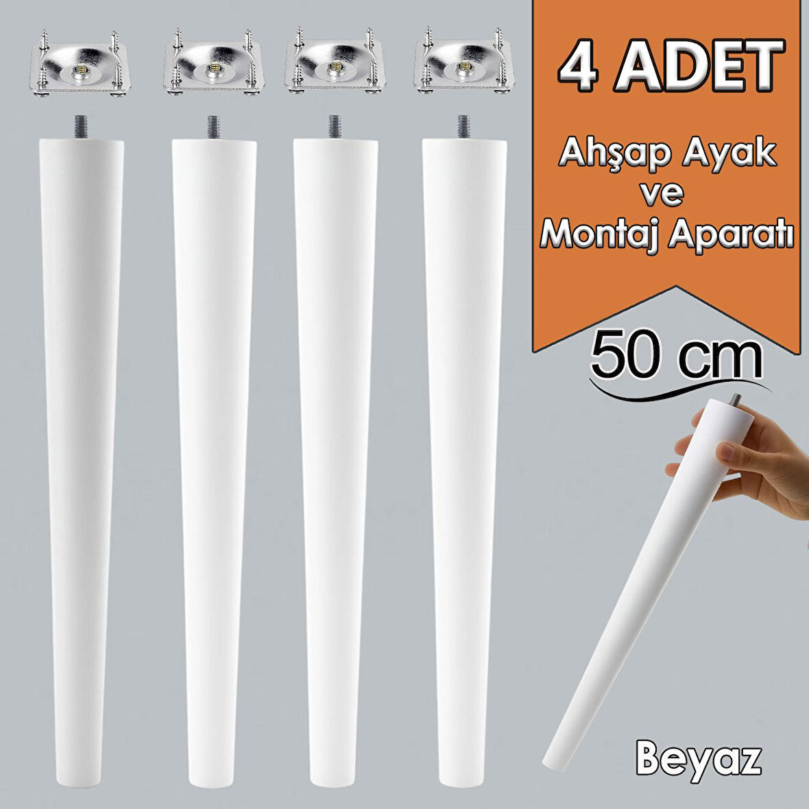 4 Adet Ahşap Ayak 50 Cm Beyaz M8 Civatalı Bağlantı Aparatlı Mobilya Tabure Sehpa Masa Destek Ayağı