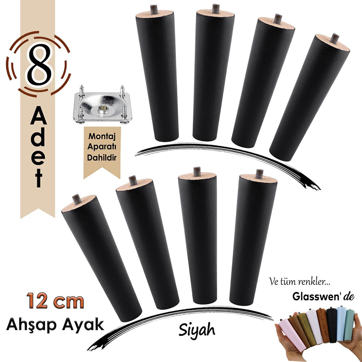 8 Adet Ahşap Ayak 12 Cm Siyah M8 Civatalı Bağlantı Aparatlı Dolap Mobilya Koltuk Kanepe Destek Ayağı Ayakları