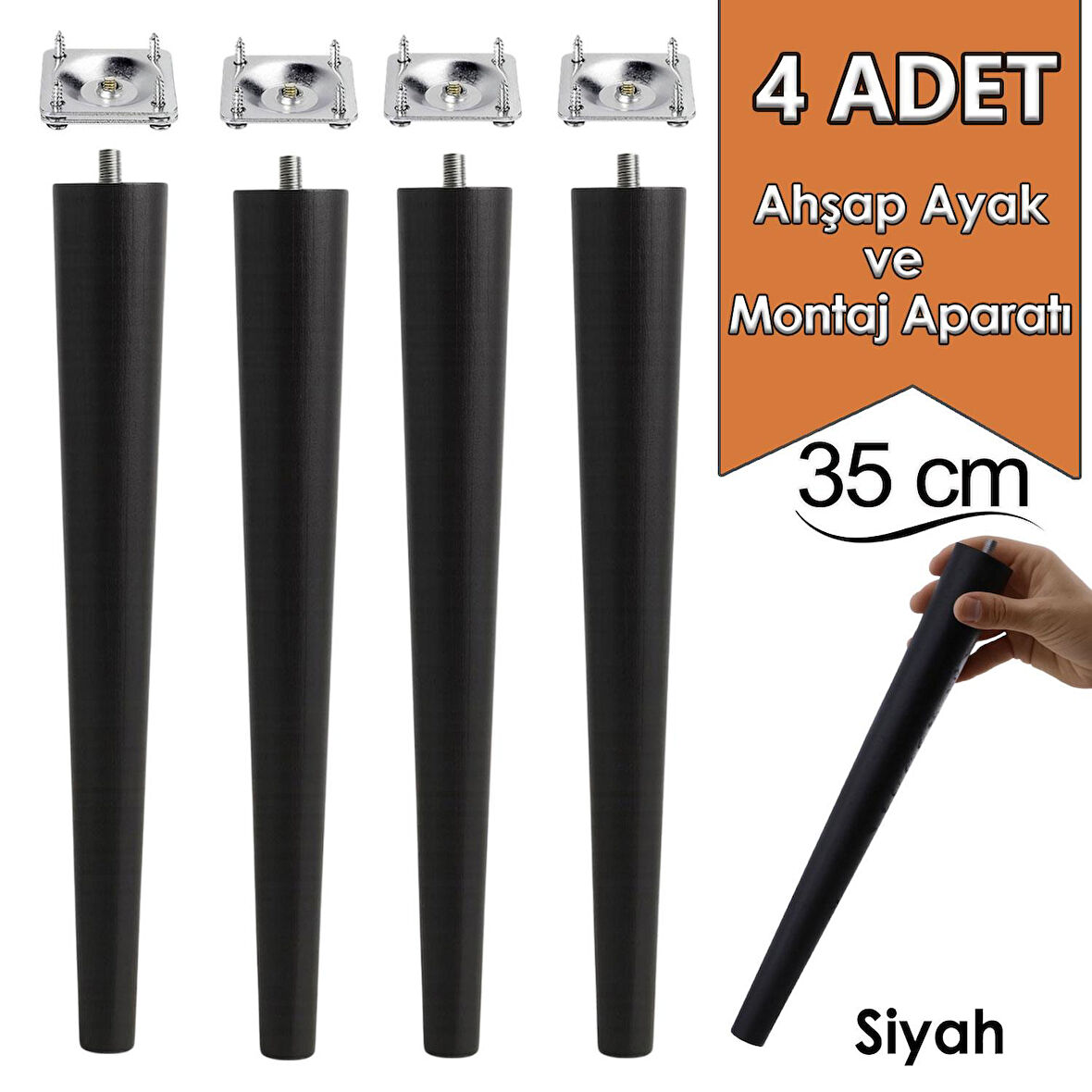 4 Adet Ahşap Ayak 35 Cm Siyah M8 Civatalı Bağlantı Aparatlı Mobilya Tabure Sehpa Masa Destek Ayağı