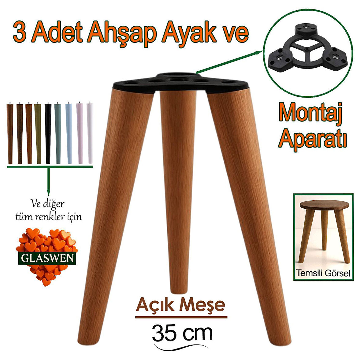 3 Adet Ahşap Ayak 35 Cm Açık Meşe M8 Civatalı Bağlantı Aparatlı Mobilya Tabure Sehpa Masa Destek Ayağı