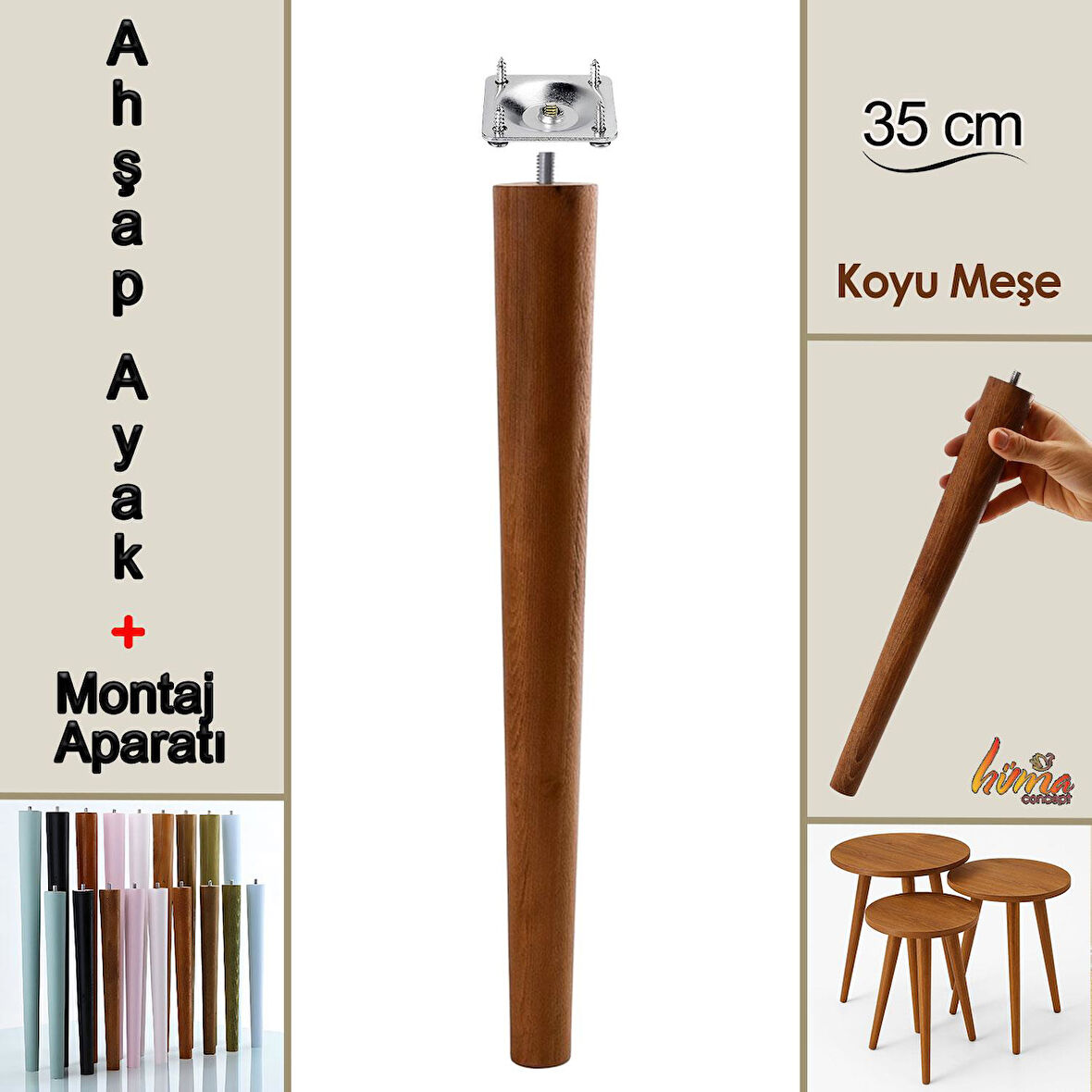 Ahşap Ayak 35 Cm Koyu Meşe M8 Civatalı Bağlantı Aparatlı Mobilya Tabure Sehpa Masa Destek Ayağı