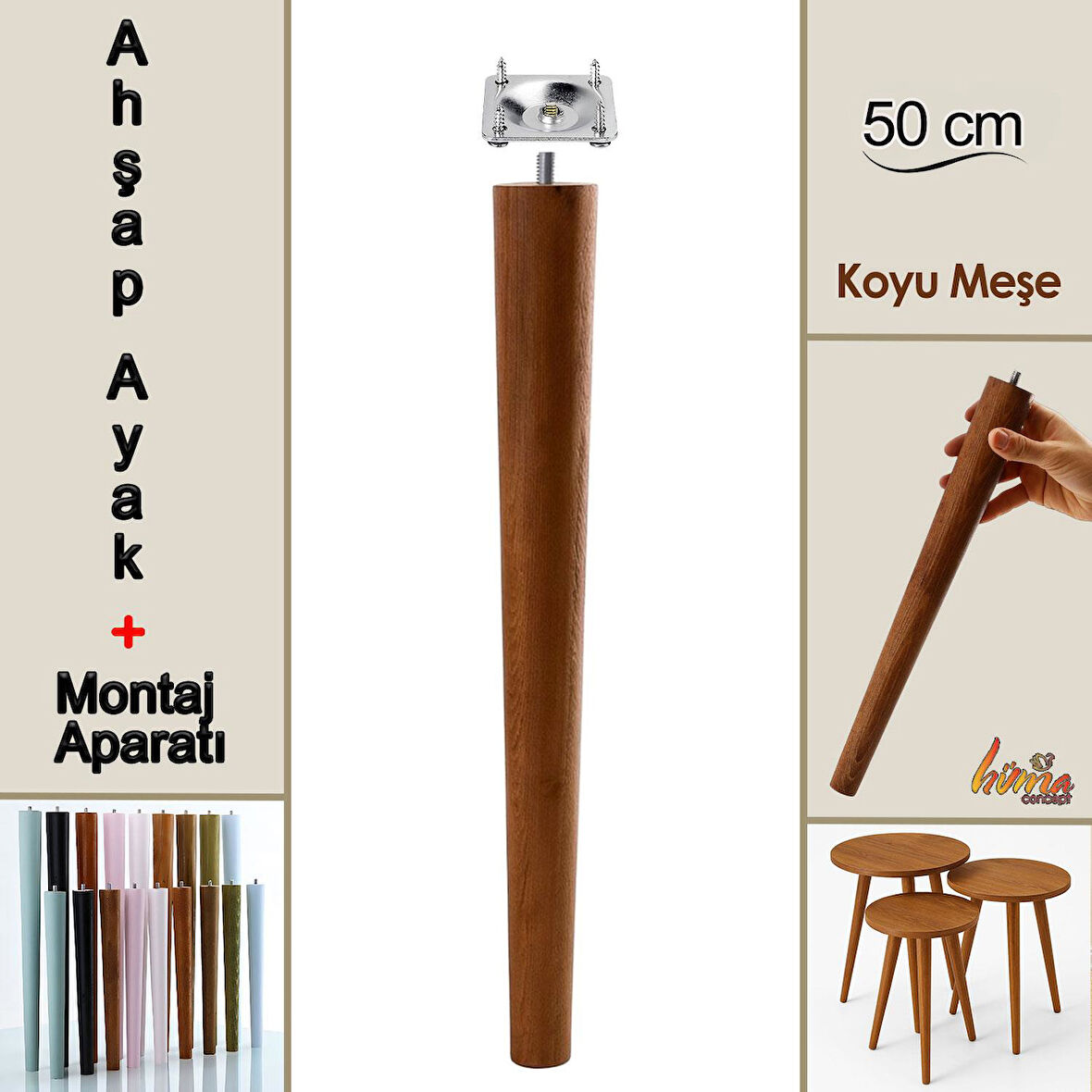 Ahşap Ayak 50 Cm Koyu Meşe M8 Civatalı Bağlantı Aparatlı Dolap Mobilya Koltuk Kanepe Destek Ayağı Ayakları