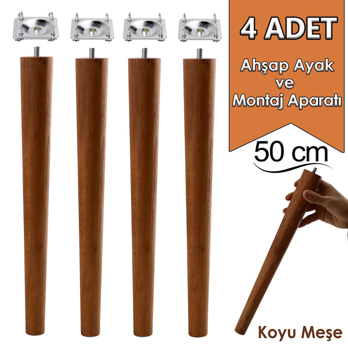 4 Adet Ahşap Ayak 50 Cm Koyu Meşe M8 Civatalı Bağlantı Aparatlı Mobilya Tabure Sehpa Masa Destek Ayağı