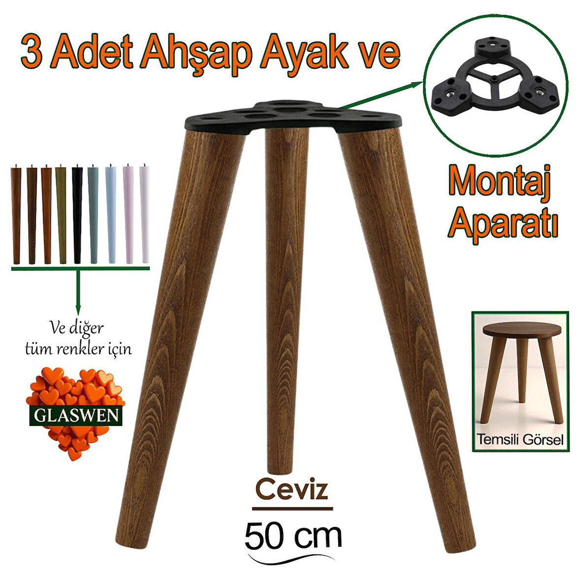 3 Adet Ahşap Ayak 50 Cm Ceviz M8 Civatalı Bağlantı Aparatlı Mobilya Tabure Sehpa Masa Destek Ayağı