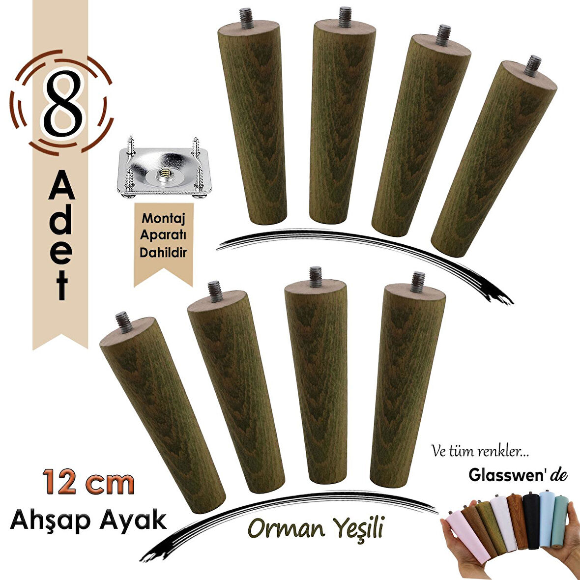 8 Adet Ahşap Ayak 12 Cm Orman Yeşili M8 Civatalı Bağlantı Aparatlı Dolap Mobilya Koltuk Kanepe Destek Ayağı Ayakları
