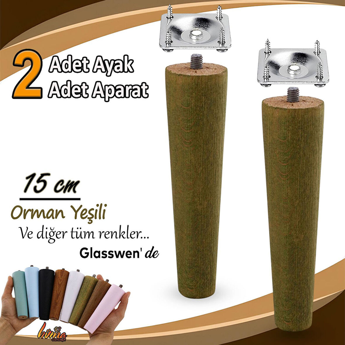 2 Adet Ahşap Ayak 15 Cm Orman Yeşili M8 Civatalı Bağlantı Aparatlı Dolap Mobilya Koltuk Kanepe Destek Ayağı Ayakları