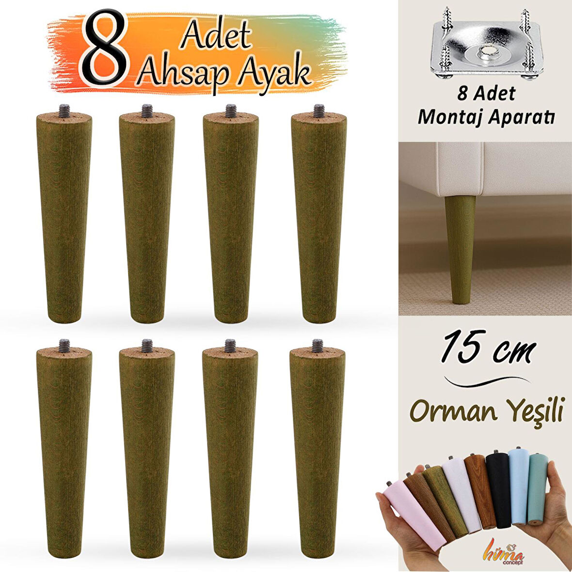8 Adet Ahşap Ayak 15 Cm Orman Yeşili M8 Civatalı Bağlantı Aparatlı Dolap Mobilya Koltuk Kanepe Destek Ayağı Ayakları