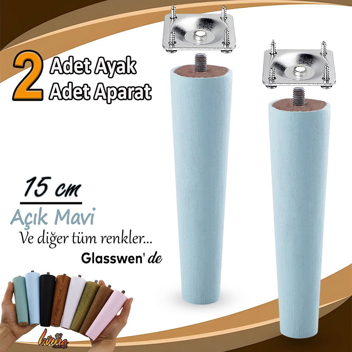 2 Adet Ahşap Ayak 15 Cm Açık Mavi M8 Civatalı Bağlantı Aparatlı Dolap Mobilya Koltuk Kanepe Destek Ayağı Ayakları