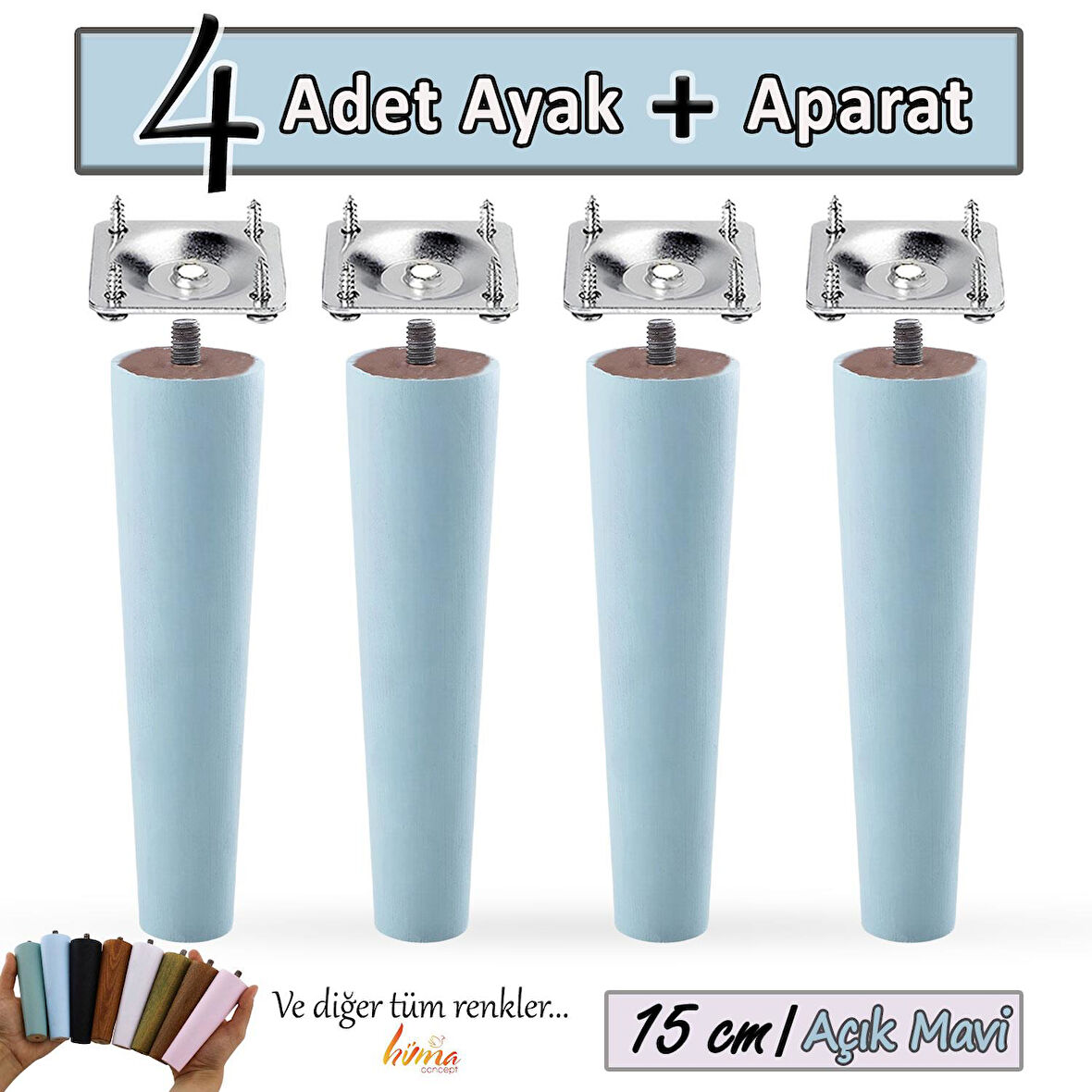 4 Adet Ahşap Ayak 15 Cm Açık Mavi M8 Civatalı Bağlantı Aparatlı Dolap Mobilya Koltuk Kanepe Destek Ayağı Ayakları