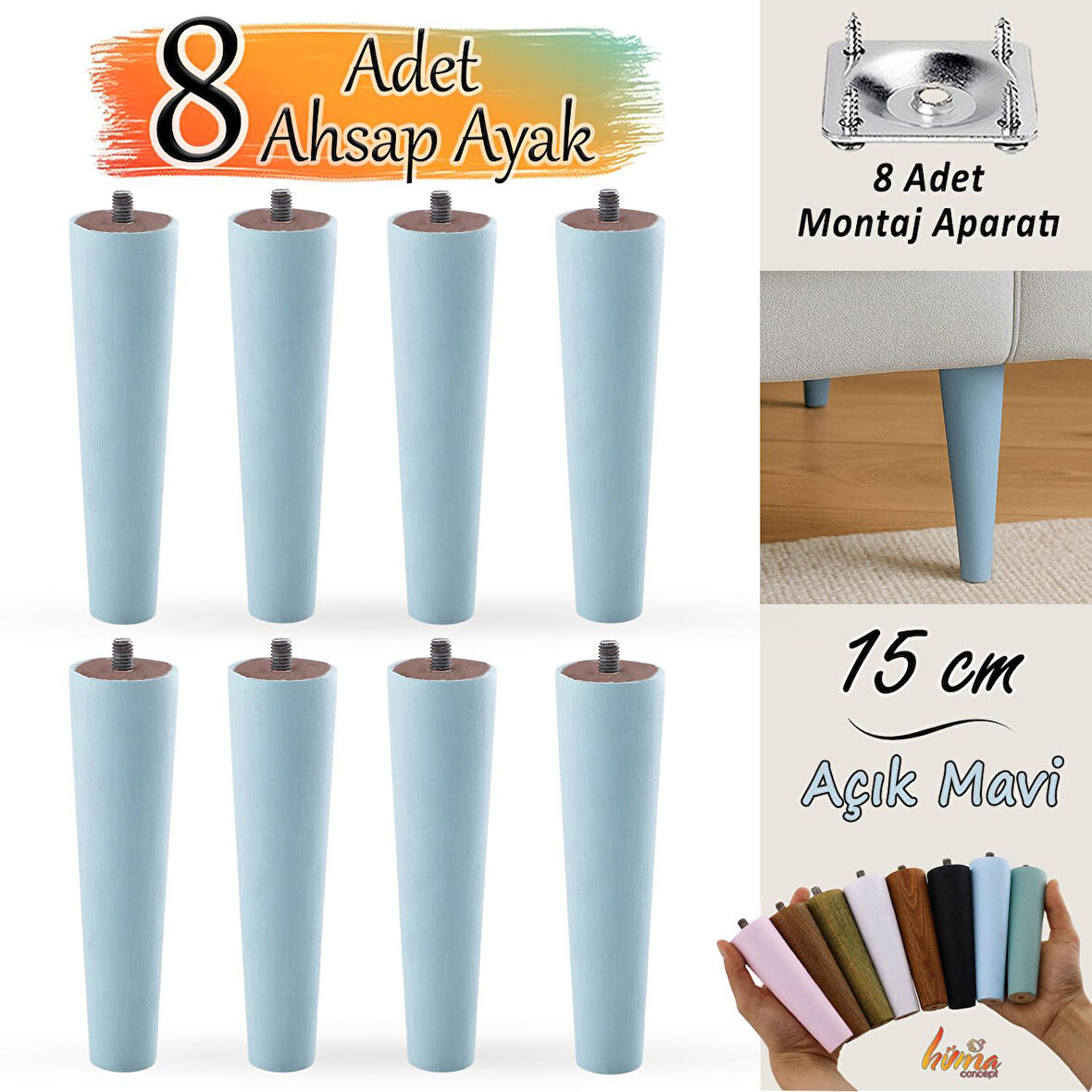 8 Adet Ahşap Ayak 15 Cm Açık Mavi M8 Civatalı Bağlantı Aparatlı Dolap Mobilya Koltuk Kanepe Destek Ayağı Ayakları