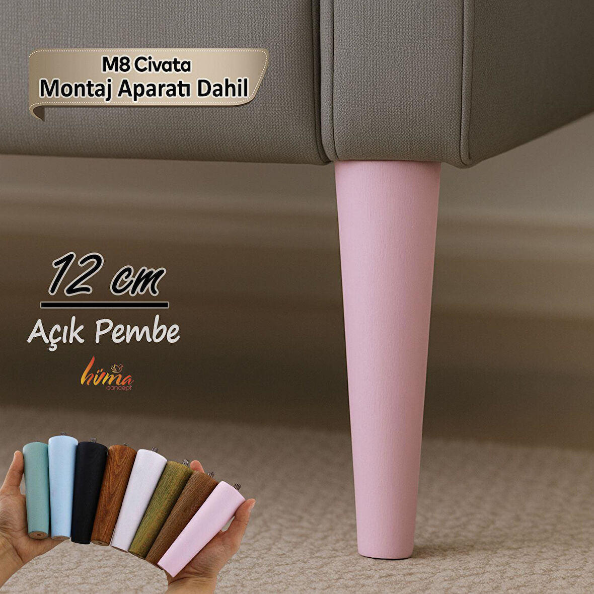 Ahşap Ayak 12 Cm Açık Pembe M8 Civatalı Bağlantı Aparatlı Dolap Mobilya Koltuk Kanepe Destek Ayağı Ayakları